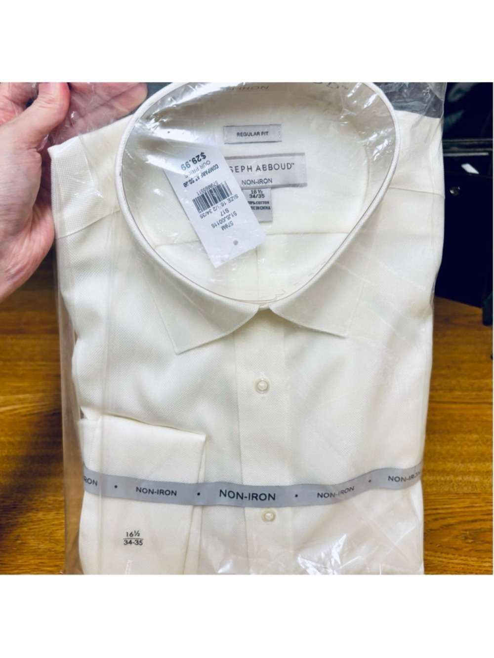 Men's JOSEPH ABBOUD Off-White Regular Fit Non-Iron Dress Shirt Neck 16.5